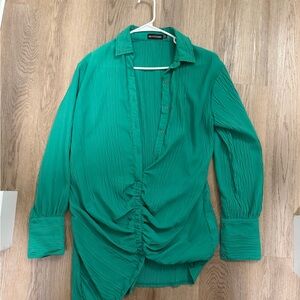 Green Draped Button-Up Blouse